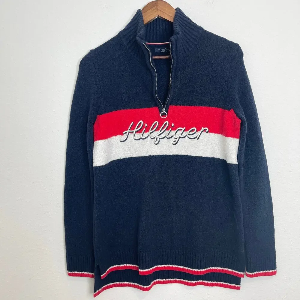 Tommy Hilfiger Quarter Zip Sweater Men’s Medium Navy Red White Logo Pullover